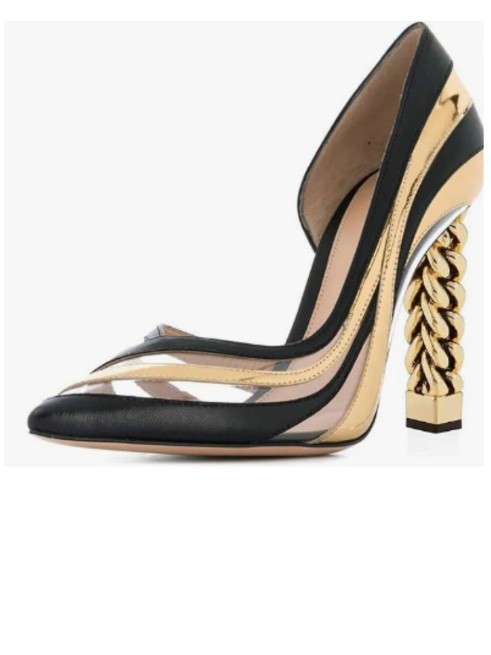 FSJ Gold Clear Gold Metal Chain Chunky High Heel Pointed Toe Slip On Party Shoes
